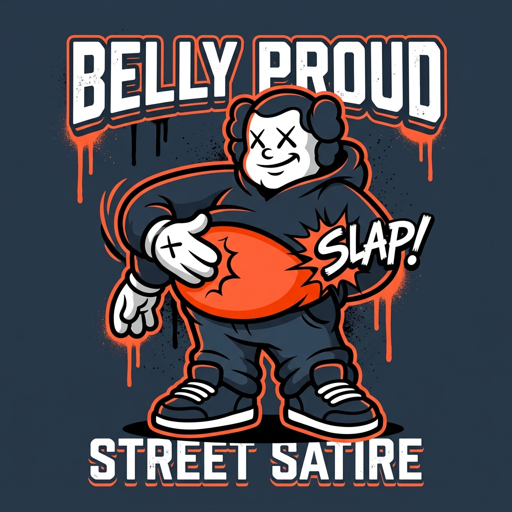 Stylized ChubSlap brand character cartoon slapping its belly in street-art style